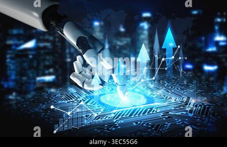 A robotic hand touches a luminous circuit board, surrounded by upward arrows, representing the integration of technology and data analysis for future Stock Photo