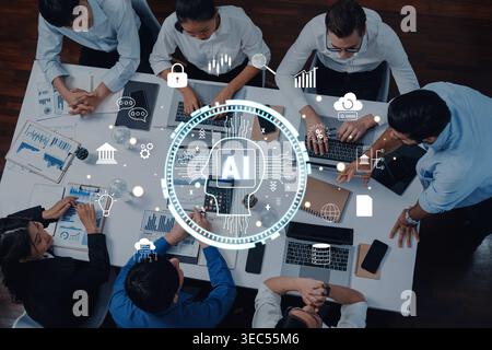 A diverse group of professionals engages in a collaborative meeting, utilizing laptops and discussing artificial intelligence concepts, enhancing Stock Photo