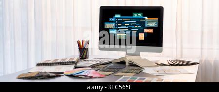 Software development or programming work with coding screen of various programming languages like HTML, , , and C brisk for new application Stock Photo
