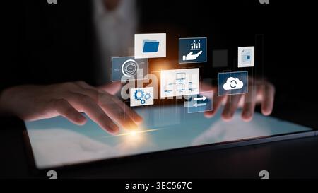 Digital business infrastructure with data system, analytics, sync. System management improves access, system management ensures performance, and Stock Photo