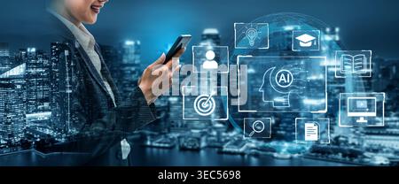 Concept of AI artificial intelligence supporting AI education solution, search, reskill, analytics and AI task management in a connected future AI Stock Photo