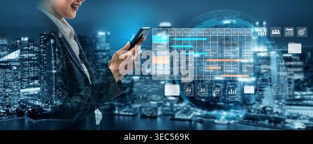 Digital visualization of multiple project timelines with progress tracking, documents, and team collaboration symbols Parse Stock Photo