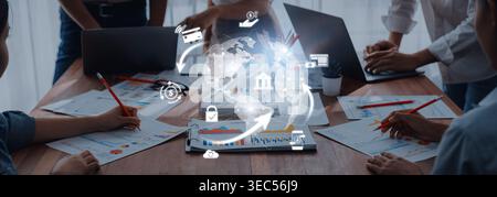 A dynamic workspace featuring diverse professionals collaborating on data analysis and project planning, surrounded by digital icons and visual Stock Photo