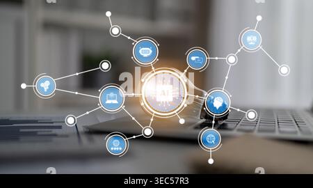 This visually striking image illustrates the concept of artificial intelligence with interconnected symbols depicting various aspects of technology Stock Photo