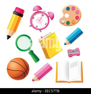 School elements and supplies clipart set. Back to School colorful learning supplies clip art like pencil, alarm clock, watercolor, magnifying glass Stock Vector
