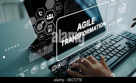 Modern Workspace with Digital Screen Displaying Agile Transformation Concepts and Data Visualization Elements. Asymptotic smart data analytic. Stock Photo