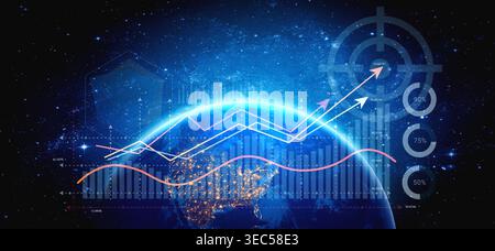 Stunning visualization showing a global map with financial growth graphs against a cosmic background, representing modern analytics and data trends Stock Photo