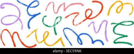 Colorful hand drawn organic lines collection. Thin brush stroke squiggle shape set. Crayon curly wave element bundle. Wiggly scribble pack for party poster. Vector charcoal chalk serpentine streamers Stock Vector