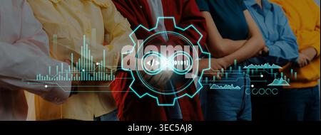 A diverse group of individuals stands together, symbolizing teamwork in the technology sector, enhanced by digital graphics representing coding and Stock Photo