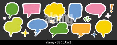 Paper speech bubble collage set. Hand drawn paper speech bubble frame with texture text balloon sticker. Cute comic chat scrapbook memo torn crumpled school background. Vector illustration Stock Vector