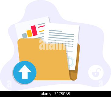 Flat design of a folder with documents and upload arrow symbol, representing file management, data storage, and secure digital transfer. Stock Vector