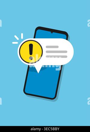 Vector graphic of a mobile phone screen displaying a yellow alert icon and message bubble for security or error status. Stock Vector