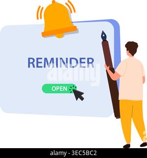 Modern flat design showing reminder notification with alert bell, user interaction, and call to action button for productivity apps. Stock Vector