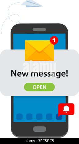 Modern smartphone screen displaying new message alert with envelope icon, push notification concept for communication apps. Stock illustration. Stock Vector