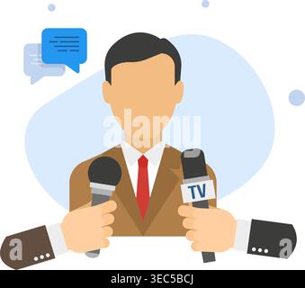 Flat vector illustration of a man in a brown suit being interviewed by journalists with microphones. Stock illustration. Stock Vector