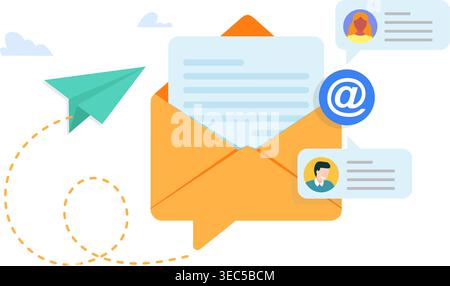 Vector graphic showing an open envelope with message icons and paper plane for digital marketing and contact concepts. Stock Illustration. Stock Vector