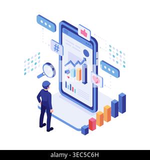 Isometric Social Media Analytics Dashboard with Data and Trend Monitoring. Social Media Trend Monitoring Concept Stock Vector