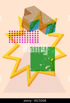 Colorful geometric shapes. Object in trendy riso graph design. Geometry elements abstract risograph print texture style. Stock Vector