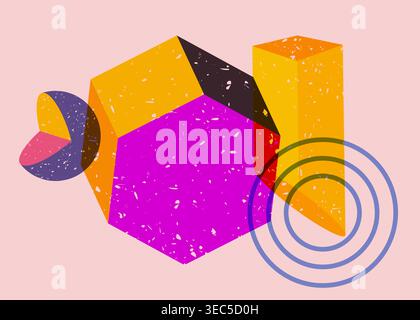 Colorful geometric shapes. Object in trendy riso graph design. Geometry elements abstract risograph print texture style. Stock Vector