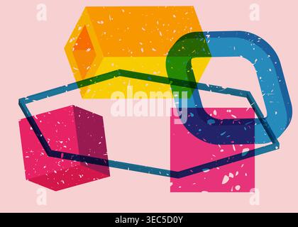 Colorful geometric shapes. Object in trendy riso graph design. Geometry elements abstract risograph print texture style. Stock Vector