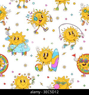 Cartoon groovy sun characters seamless pattern Stock Vector