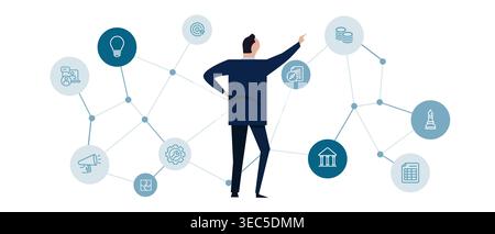 one person company where a single business owner uses integrated artificial intelligence agents to control strategy operations and finance efficient Stock Vector