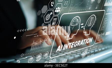Hands Typing on Laptop with AI Integration Concept and Digital Data Visualization Elements for Technology Innovation. Asymptotic smart data analytic. Stock Photo