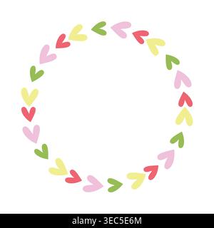 Round frame wreath with colorful hand drawn heart doodle Stock Vector