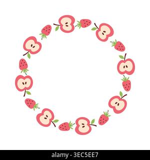 Round frame wreath with apple slice and strawberry doodle Stock Vector