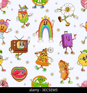 Cartoon retro groovy characters seamless pattern Stock Vector
