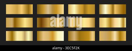 Chrome effect with Gold gradient. Elegant golden bright swatch collection. Metallic color on dark paper. Vector illustration Stock Vector