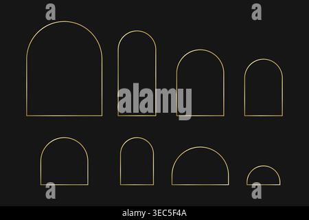 Set of gold concentric arch frames isolated on dark background. Golden archway shapes in art deco or bohemian style. Design elements for wedding or greeting card templates. Vector illustration. Stock Vector