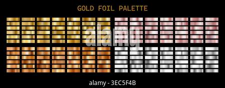 Gold Foil Palette. Copper Foil and metallic swatch degrade. Set of shiny Gold, polished silver, rose gold and champagne backgrounds. Vector Stock Vector