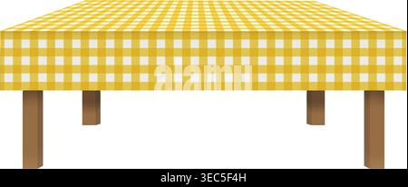 Empty cafe or kitchen table with yellow and white gingham tablecloth in perspective. Element of furniture for Italian restaurant. Picnic, street breakfast or dinner concept. Vector illustration. Stock Vector