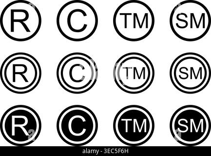 Set of register, copyright, trademark and service mark icons isolated on white background. Commercial rights symbols. Brand registration marks for imitation protection. Vector graphic illustration. Stock Vector