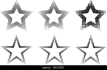 Set of star shapes with dotted borders with faded effect. Starry forms with grain, noise or pixel gradient texture isolated on white background. Simple design elements. Vector graphic illustration. Stock Vector
