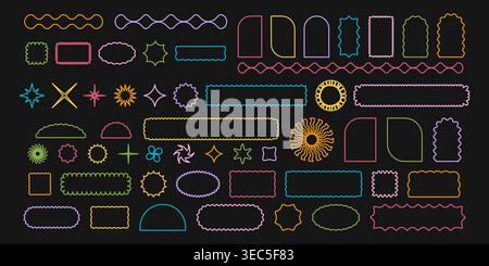 Set of neon colored arch and semiarch, rectangle and square, oval and circle, star and sun icons with wavy edges on dark background. Cute geometric forms with curvy borders. Vector illustration. Stock Vector