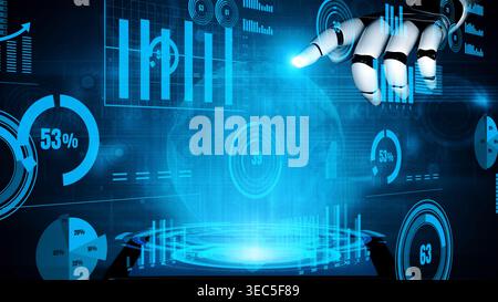A robotic hand interacts with a futuristic digital interface, visualizing data through holograms and charts, showcasing innovation in technology and Stock Photo