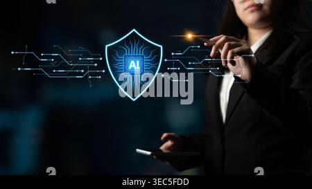 AI-powered cybersecurity. Intelligent system acts as a digital shield cyber security, providing security network protection and data security against Stock Photo