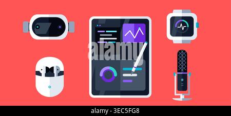 A vibrant flat design illustration showcasing a collection of modern technology devices and digital tools. Features a VR headset smartwatch. Stock Vector