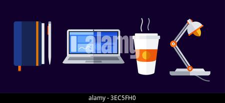 A vibrant flat design illustration showcases essential items for a productive workspace: a notebook, pen, open laptop with analytics, steaming coffee Stock Vector