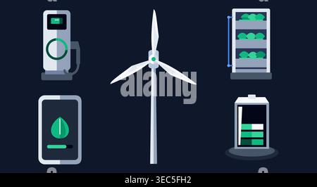 Illustrative icons representing a sustainable future. Features include an electric vehicle charging station, wind turbine, vertical farming, smartphon Stock Vector