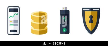 A versatile icon collection representing core digital business concepts including mobile analytics financial growth data management. Stock Vector