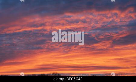 A breathtaking evening landscape featuring a vibrant sunset sky filled with textured orange and pink clouds over a dark treeline horizon. Stock Photo