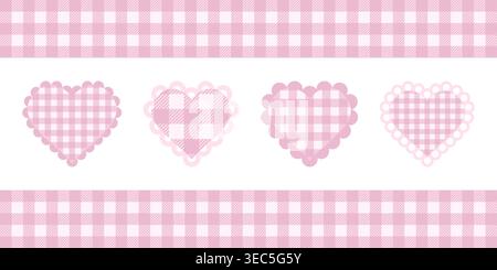 Pink gingham plaid background and coquette heart shapes with vichy pattern and scalloped borders. Templates of checkered borders and romantic patches with ruffles. Vector flat illustration. Stock Vector