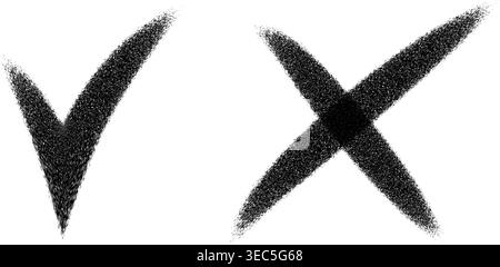 Check and cross symbols drawn with charcoal brush. Tick and cancel signs in graffiti style isolated on white background. V and X elements with grunge texture. Vector graphic illustration. Stock Vector
