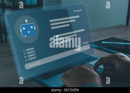 Hands typing on laptop keyboard while engaging with AI assistant interface displaying prompt and message fields, representing text generation, chatbot Stock Photo