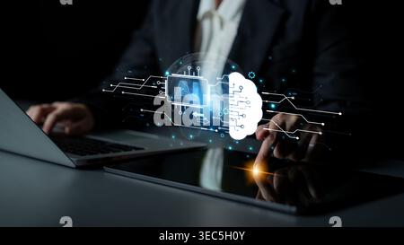 Concept of artificial intelligence and machine learning. A central processor transfers information to a cloud brain, representing a global neural Stock Photo