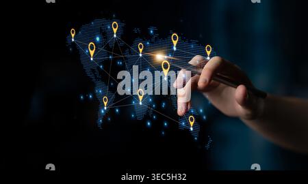 Concept of a global logistics network with location pins on a world map. This represents an international supply chain and distributed business Stock Photo