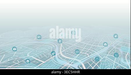Destinations. Isometric Gps tracking map. Track navigation pin on street maps, navigate mapping locate position pin. Isometric abstract map background Stock Vector